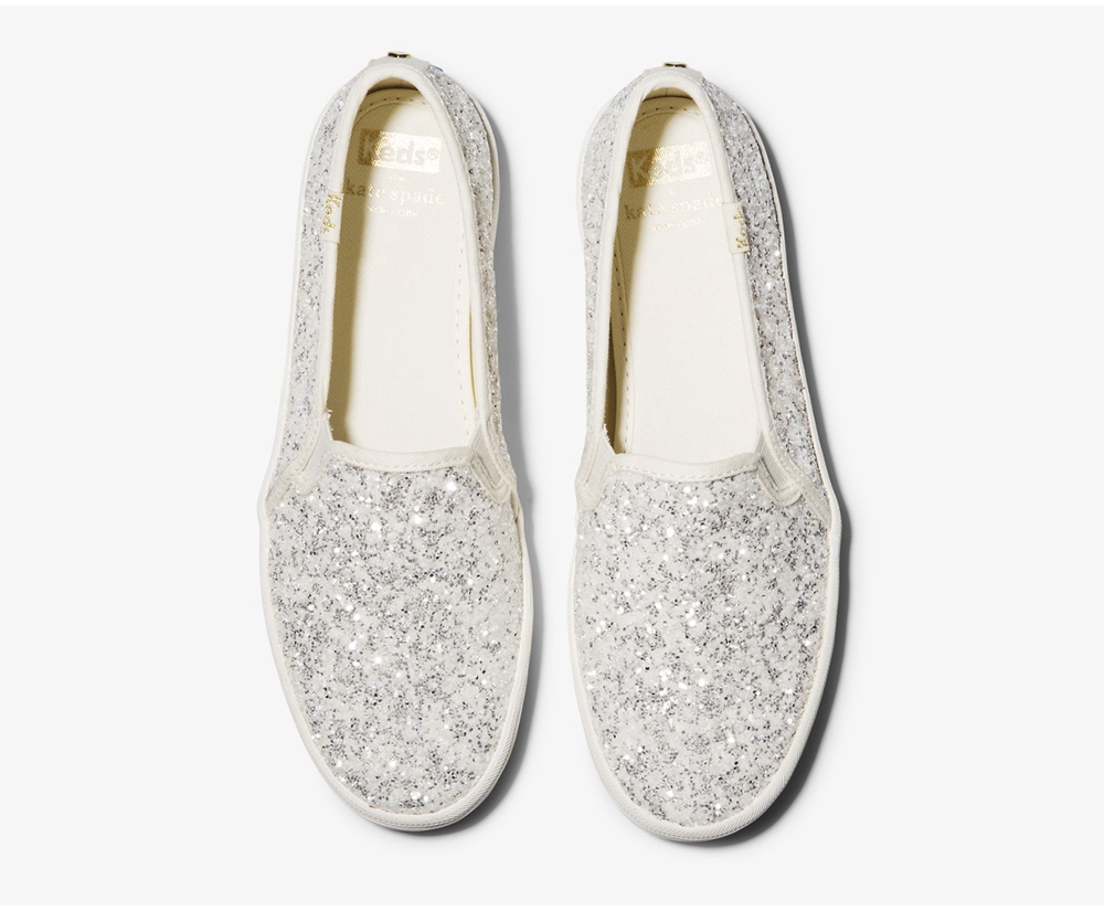 Womens Keds Slip Ons - Kate Spade new york Double Decker Glitter - White - 4162-SXUJL